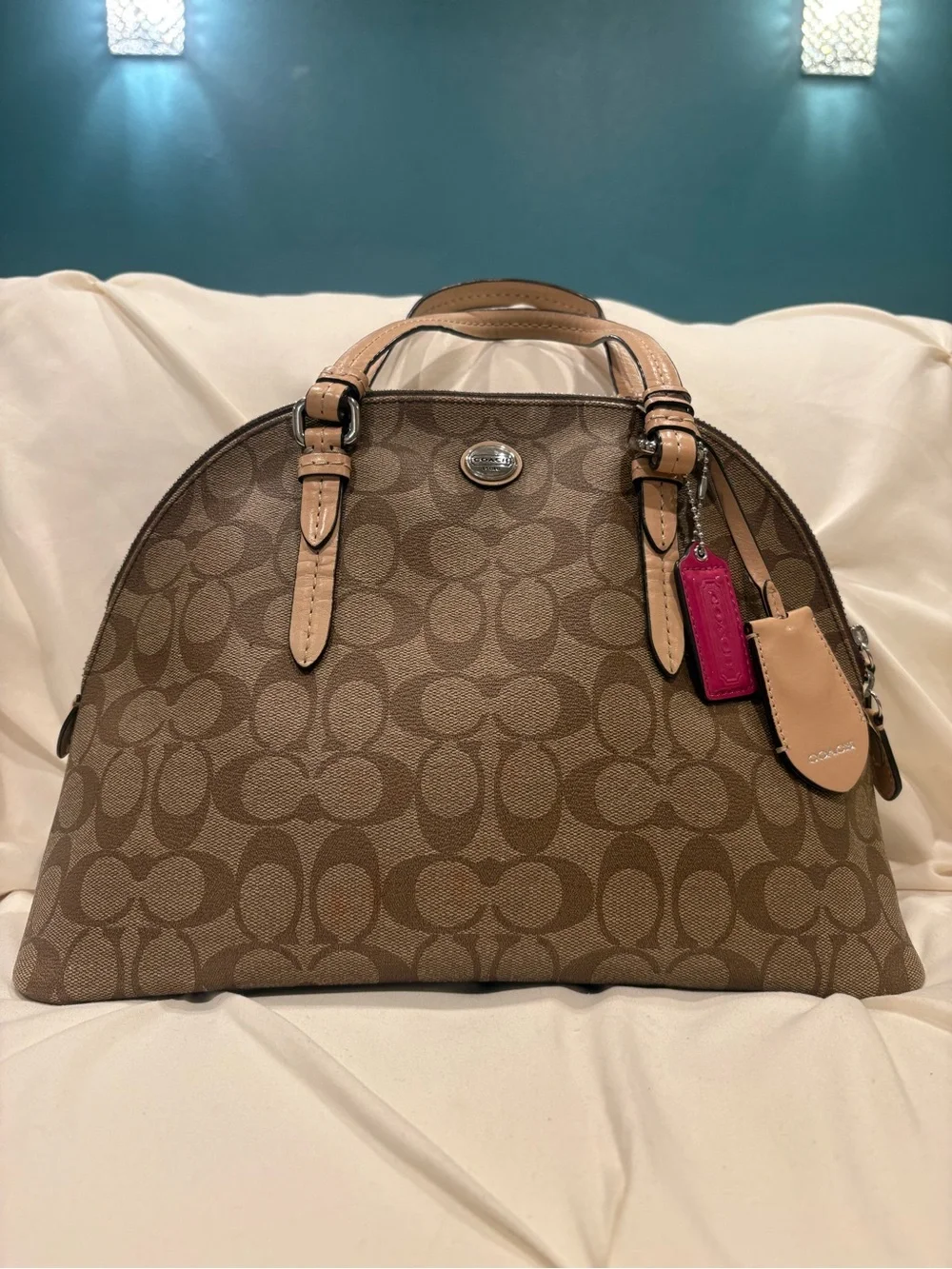 Coach Peyton Signature Cora Domed Satchel Khaki/Beige Pink Tag